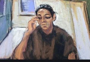 A court sketch shows Ghislaine Maxwell appearing via video link to a court in Manhattan. She appears to be in her tiny cell. JANE ROSENBERG/REUTERS.