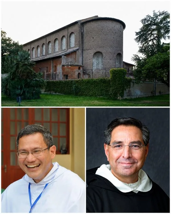 Collage: historic brick building on top; two clergy members smiling in portraits below.