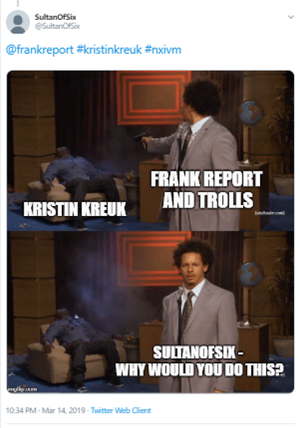 Screenshot from Sultan’s Twitter feed. In the top picture, Sultan apparently shoots a man for despoiling the reputation of Kristin Kreuk. Is the man supposed to be Frank Parlato – publisher of Frank Report, that vile man who allows people to write bad things about Sultan's beloved fantasy girl? Or is he shooting Angry Canadian, Scott Johnson or any and all anti-Kreuk commenters? In the lower picture, after the fantasy killing, he asks himself, "Sultan of Six - Why would you do this?"