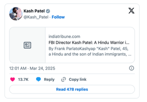 FBI Director Kash Patel reposts Frank Parlato's article, garnering more than 900,000 likes.
