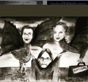 MK10ART's chilling portrait of the three most dangerous members of Nxivm. L-R Clare Webb Bronfman, Keith Alan Raniere and Sara Rosner Bronfman-Igtet. They have fangs and they bite.