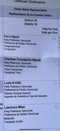 Voting ballot for the 18th District