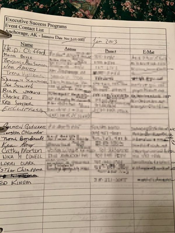 NXIVM class sign-in sheet.