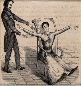 V0011094EB A Mesmerist using Animal Magnetism on a female patient
Credit: Wellcome Library, London. Wellcome Images
images@wellcome.ac.uk
http://wellcomeimages.org
A Mesmerist using Animal Magnetism on a woman who responds with convulsions . Wood engraving. Mesmer, Franz Anton 1734-1815.
Wood engraving
1845 Published:  - 

Copyrighted work available under Creative Commons Attribution only licence CC BY 4.0 http://creativecommons.org/licenses/by/4.0/