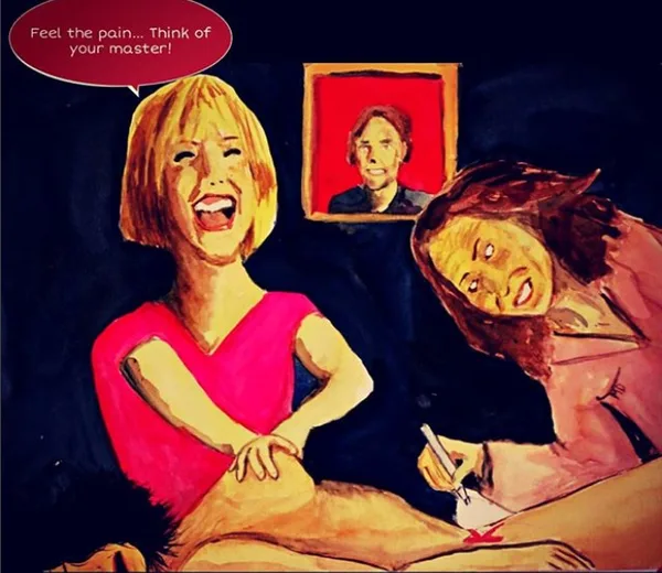 MK10ART's depiction of Allison Mack and Dr. Danielle Roberts branding a DOS slave.
The branding caused Dr. Roberts to lose her medical license.