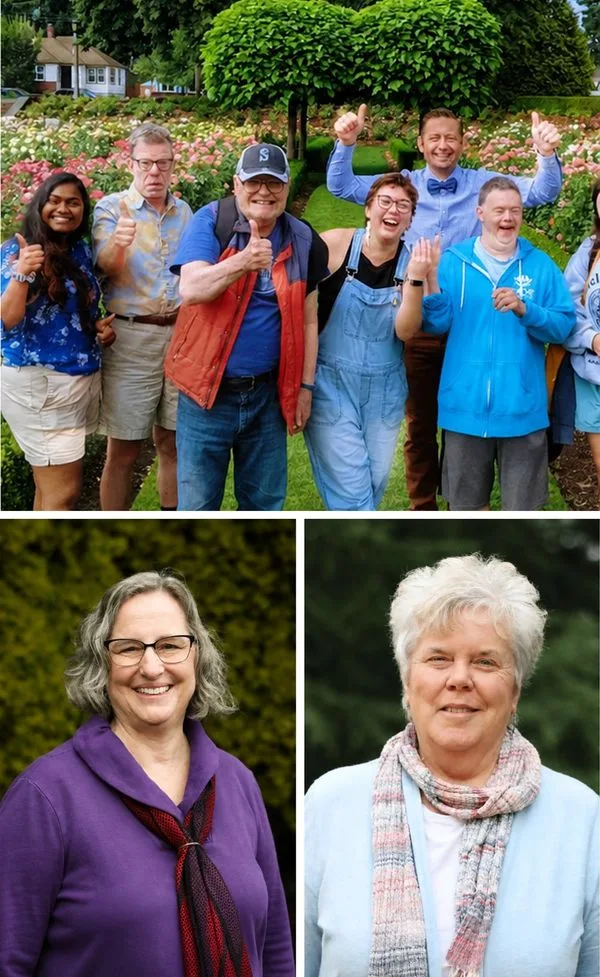 Group photo of eight people outdoors in a garden, smiling and giving thumbs up; bottom shows a gray‑haired woman in purple and a white‑haired woman with a scarf.