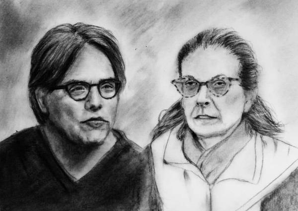 MK10ART's sketch of the villainous Keith Alan Raniere and his financier, the sinister Clare Webb Bronfman