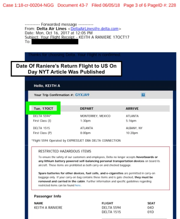 Truth Evidence B.1.1: Screenshot of Raniere's Flight Info on 10/17/17