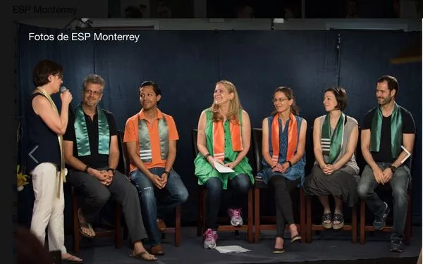 The NXIVM executive board.  Nancy Salzman, with Mark Vicente [now out of NXIVM] Alex Betancourt,,Karen Unterreiner, Clare Bronfman, Lauren Salzman and Emiliano Salinas - all wearing their prized colored sashes indicating their rank.