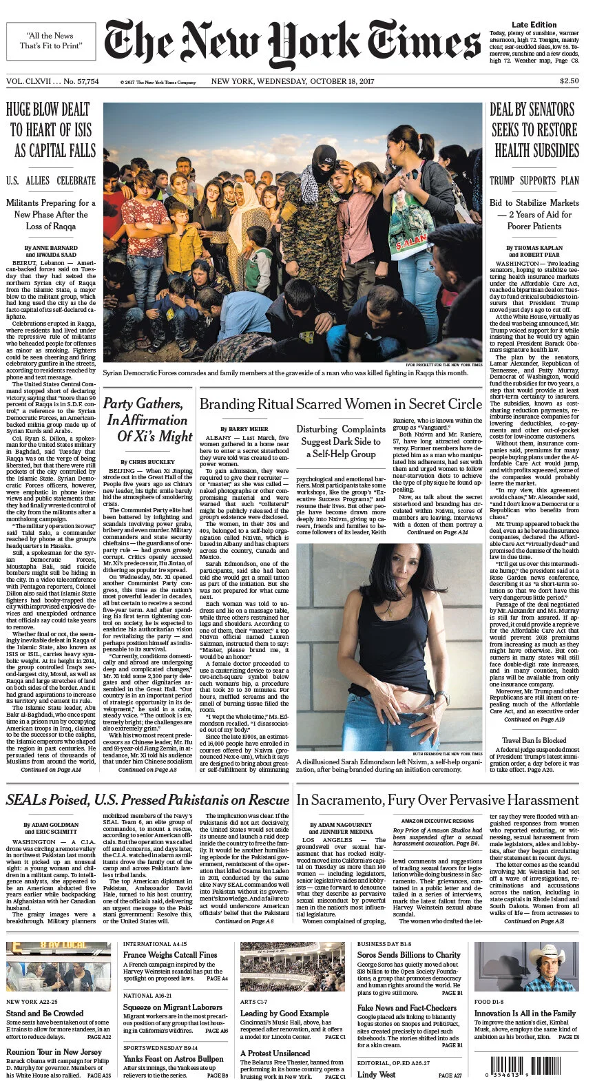 New York Times Front Page Oct 18, 2017