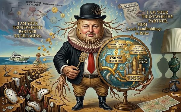 Caricature of a suited man with a hat and root-like arms presenting a globe filled with money and tangled pipes representing corrupt deals and pillaging.