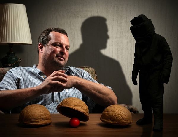 Man seated on a sofa with hands folded, three walnut shells and a small red ball on the table, while a hooded, black-clad figure stands as a shadow on the wall behind him.