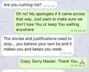 A text exchange between Lauren Salzman [white] and one of her slaves. Audrey.