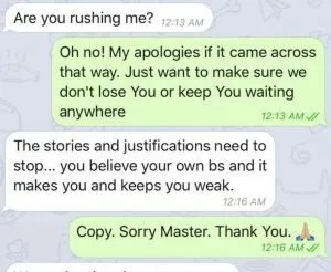 A text exchange between Lauren Salzman [white] and one of her slaves. Audrey.