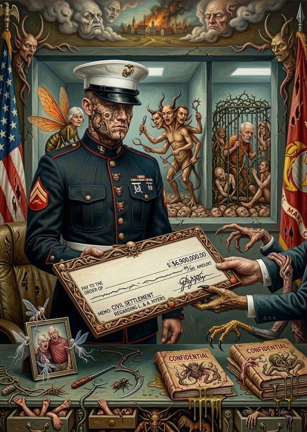 Military officer in dress uniform presenting a large framed check in a surreal scene with demons and cages in the background, conveying a settlement payoff.