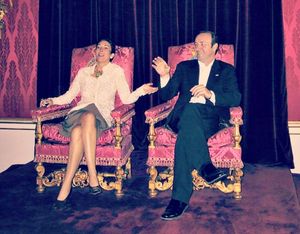 Ghislaine Maxwell and Kevin Spacey sitting on Queen Elizabeth's throne during a visit to Buckingham Palace arranged by Prince Andrew,