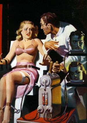 Artist conception [not a real photo]: Dr. Brandon Porter conducts a female human fright experiment where he shows a woman films of rape, and murder of women.  Dr. Porter is also in charge of monitoring the linguistic skills of the children in Rainbow.
