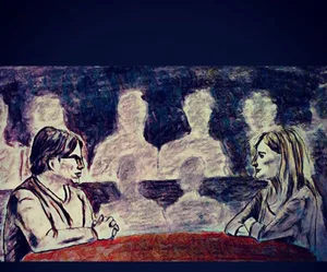 MK10ART painting of Keith Raniere on trial  - testifying against him.