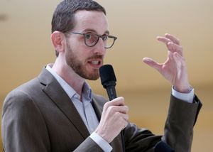 State Sen. Scott Wiener speaks at a demolition ceremony for the Vallco Shopping Mall, Thursday, Oct.11, 2018, in Cupertino, Calif. Wiener's SB 35 bill was used to help usher along a new development for the site. (Karl Mondon/Bay Area News Group)