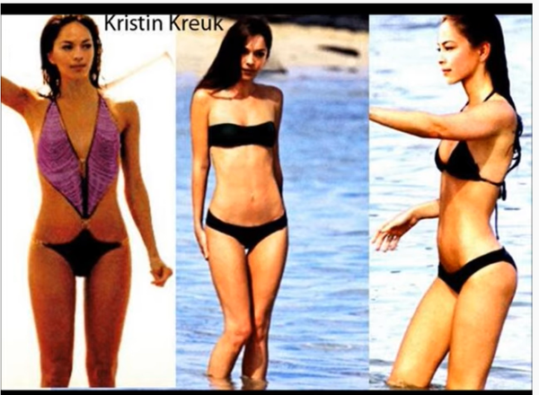 The narrator of the video goes to some lengths to persuade viewers that Kristin has the body of a man. I don't really see it – not from these photos anyway.