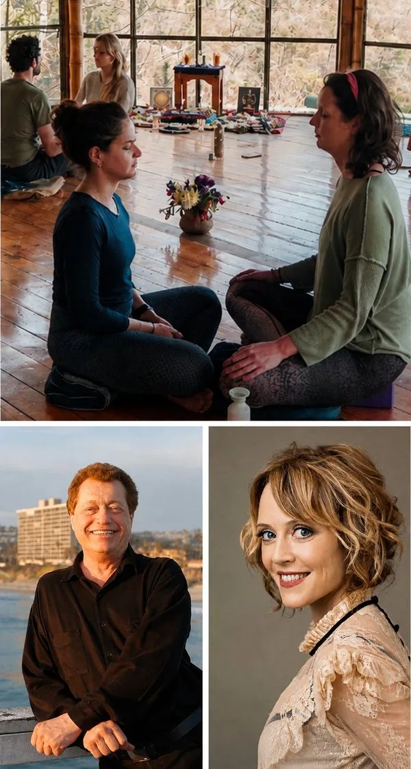Collage: top shows two women sitting cross‑legged facing each other in a bright meditation room; background has a small altar and other people. Bottom left: smiling man in black shirt by a waterfront with buildings behind him. Bottom right: smiling woman with short wavy hair in a lace top.