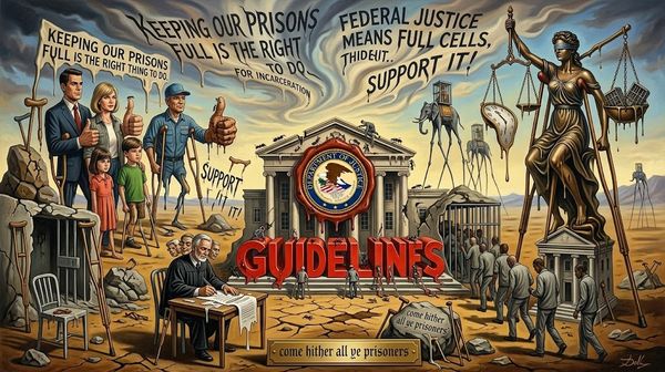 Political cartoon showing a DOJ-style building with a large red 'GUIDELINES' sign, Lady Justice with scales, and people marching; banners preach keeping prisons full and supporting tougher incarceration rules.
