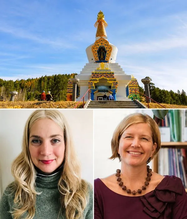 Collage showing a colorful Buddhist stupa against a blue sky, with two women smiling in separate portraits below.