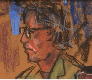 Recent court sketch of Raniere with his new prison-issued glasses.