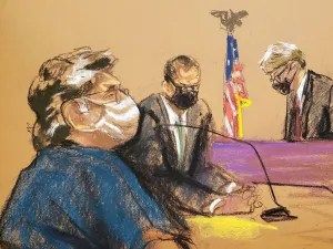In this court sketch, Keith Raniere sits with his attorney Marc Agnifilo in court as Judge Nicholas Garaufis presides.
