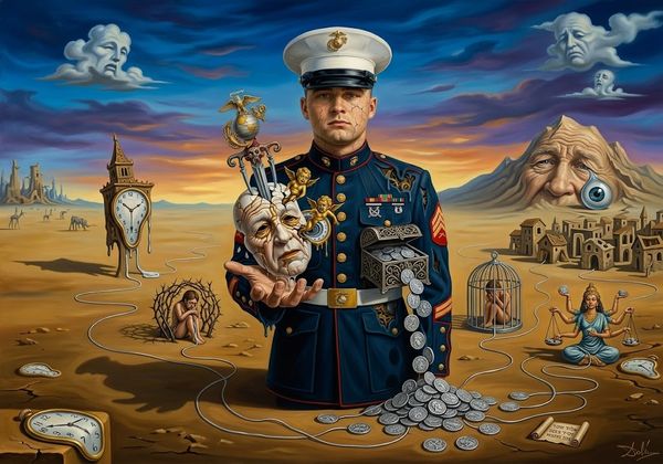 Marine in dress blues holds a carved mask; coins spill from his hands in a surreal desert scene.