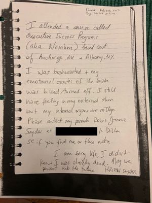 A suicide note found in Kristin Snyder's truck. I