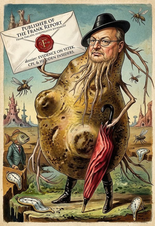 Surreal political cartoon: a potato‑like humanoid in a hat holds a large envelope labeled 'Publisher of the Frank Report'.