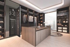 3d rendering minimal loft dark wood walk in closet with wardrobe
