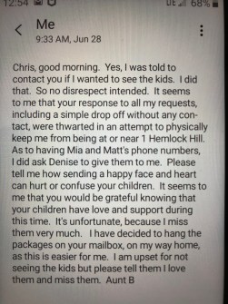 Ambrose Chris refusal Aunt Barbara text after Chris rejects every attempt to contact kids for bday.