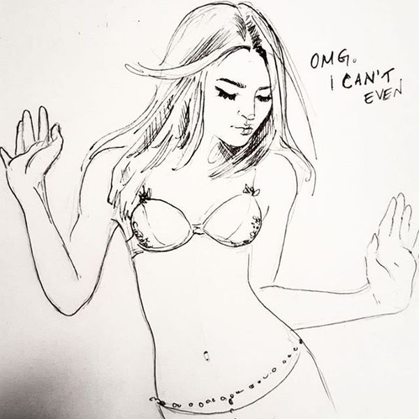From the recent works of Miss Michelle Salzman a reputed member of DOS. The woman in the sketch is wearing the belly chain favored by some of the slaves of Mr. Raniere, including Miss Mack herself.