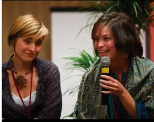 Kristin Kreuk [r]  and Allison Mack at a Nxivm gathering