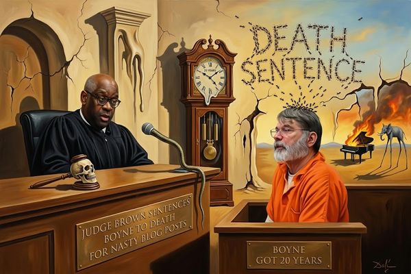 Illustration of a courtroom scene about the death penalty: a judge at the bench and an inmate in orange, with 'DEATH SENTENCE' on the mural behind them.