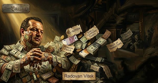 Satirical painting of a man surrounded by money and coins, with tags like "LIES", "PENSION FRAUD", and "ILL-GOTTEN FUNDS" highlighting corruption; signature reads Radovan Vitek and a "good returns" sign appears in the corner.