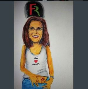 MK10ART's special Clare Bronfman Month painting of Clare Bronfman. {note FR [Frank Report] logo behind her and gorgeous KR [Keith Raniere] brand on her---
