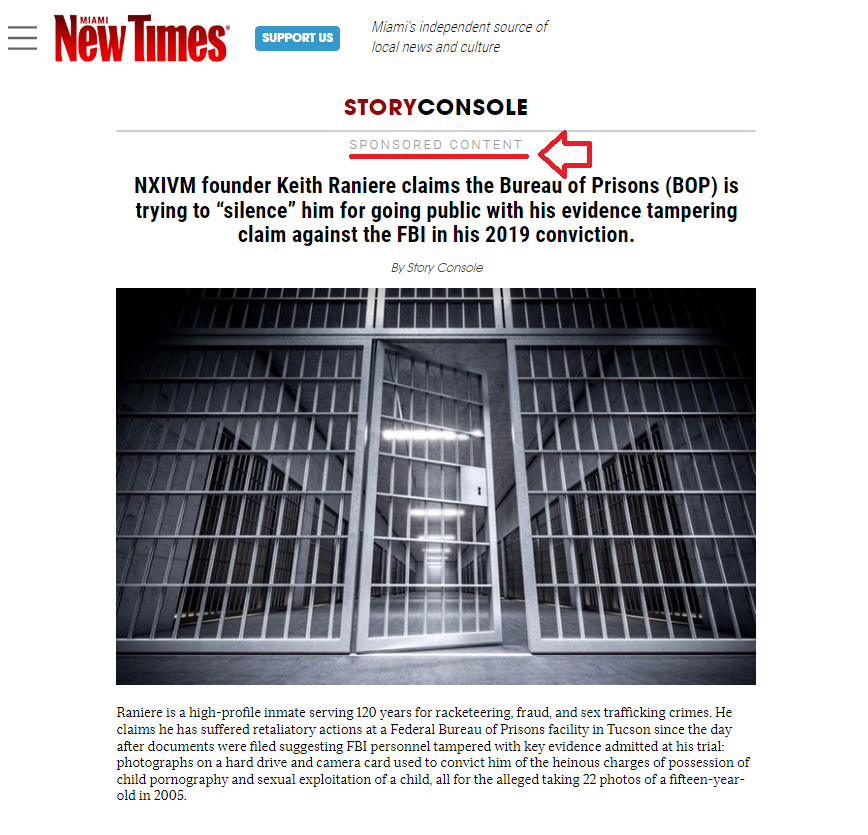 Raniere Buys FBI Tampering Ads Made to Appear as Articles in News Media