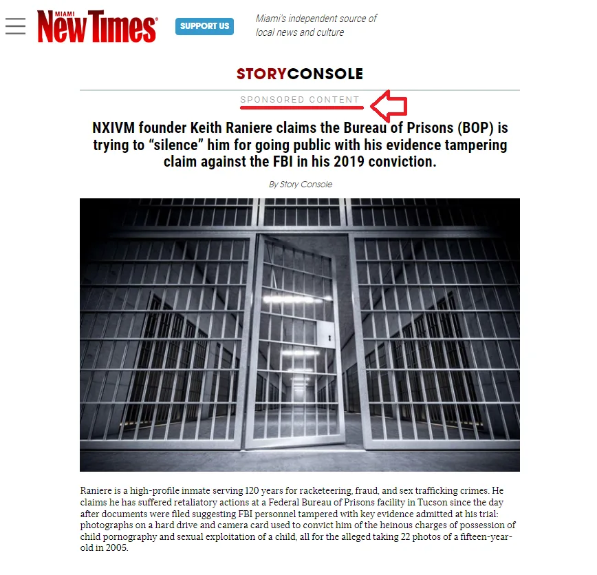 Raniere Buys FBI Tampering Ads Made to Appear as Articles in News Media