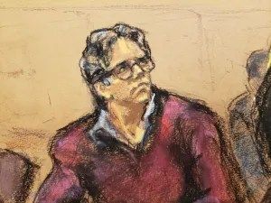 Artist sketch of Keith Raniere in federal court