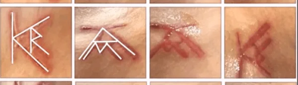 When the brand is looked at as it appears on the person, right side up the "A" and "M" are far more visible. One has to look at the brand sideways to see the "K" and the "R."