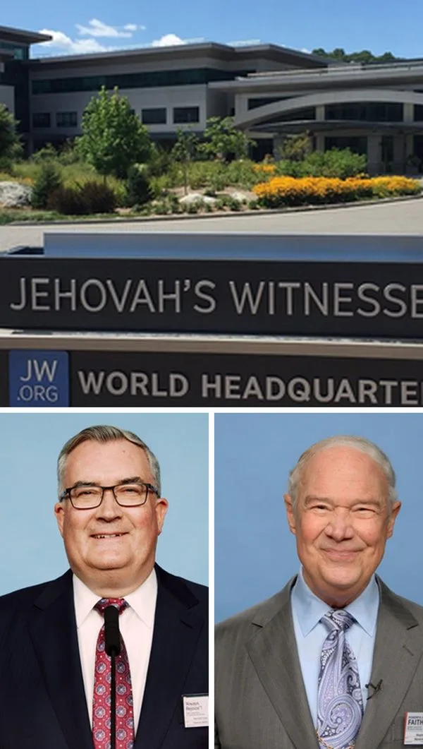 Exterior view of Jehovah's Witnesses World Headquarters with landscaped grounds and a large sign in front.
