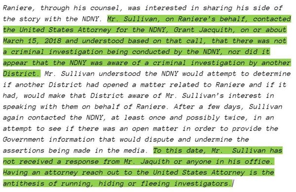 Truth Evidence G.1: Raniere bail memo outlines how his attorney proactively checked with multiple agencies to determine if there was a federal investigation and was told there was not.