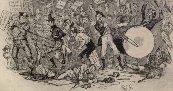 The Pickwickians had no sooner dismounted than they were surrounded by a branch mob of the honest and independent, who forthwith set up three deafening cheers, which being responded to by the main body (for it’s not at all necessary for a crowd to know what they are cheering about), swelled into a tremendous roar of triumph, which stopped even the red-faced man in the balcony.
“Hurrah!” shouted the mob, in conclusion.
“One cheer more,” screamed the little fugleman in the balcony, and out shouted the mob again, as if lungs were cast-iron, with steel works.
“Slumkey for ever!” roared the honest and independent.
“Slumkey for ever!” echoed Mr. Pickwick, taking off his hat.
“No Fizkin!” roared the crowd.
“Certainly not!” shouted Mr. Pickwick. “Hurrah!” And then there was another roaring, like that of a whole menagerie when the elephant has rung the bell for the cold meat.
“Who is Slumkey?” whispered Mr. Tupman.
“I don’t know,” replied Mr. Pickwick, in the same tone. “Hush. Don’t ask any questions. It’s always best on these occasions to do what the mob do.”
“But suppose there are two mobs?” suggested Mr. Snodgrass.
“Shout with the largest,” replied Mr. Pickwick.
Volumes could not have said more.
