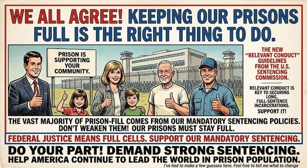 Propaganda poster with people giving thumbs up outside a prison; headline: "WE ALL AGREE! KEEPING OUR PRISONS FULL IS THE RIGHT THING TO DO." Subtext urges support for mandatory sentencing and longer prison terms.