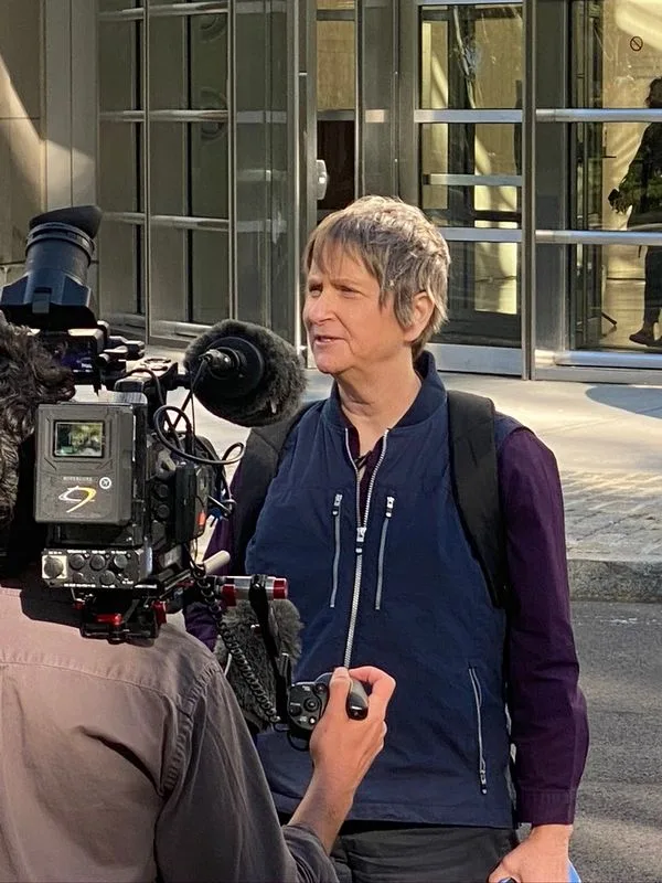 Susan Dones talks to the media after the sentencing of Clare Webb Bronfman on Sept. 30, 2020. Dones spoke at the sentencing hearing as one of Bronfman's victims.