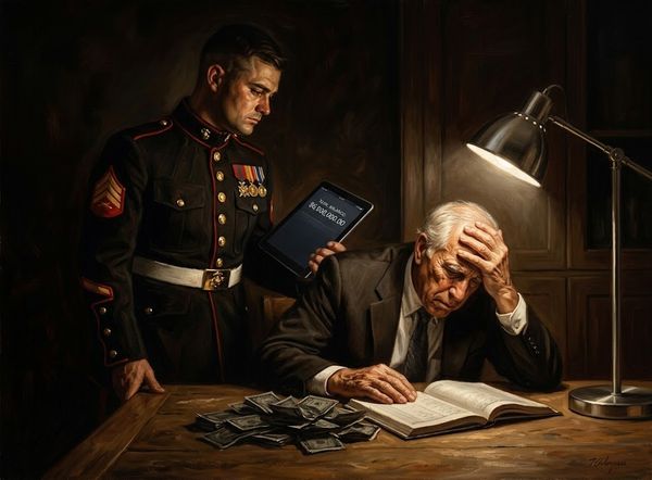 Military officer stands behind a distressed man at a desk, a tablet showing a large sum and cash piled nearby on the desk.