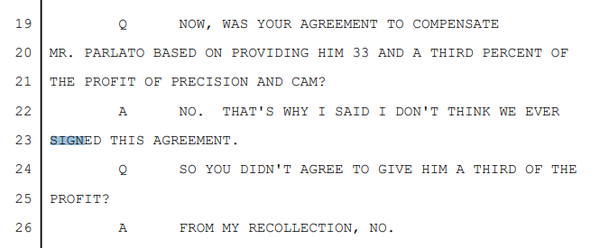 Bronfman - shown the LOI in the Plyam case – says she never signed it and never agreed to the terms of the LOI.